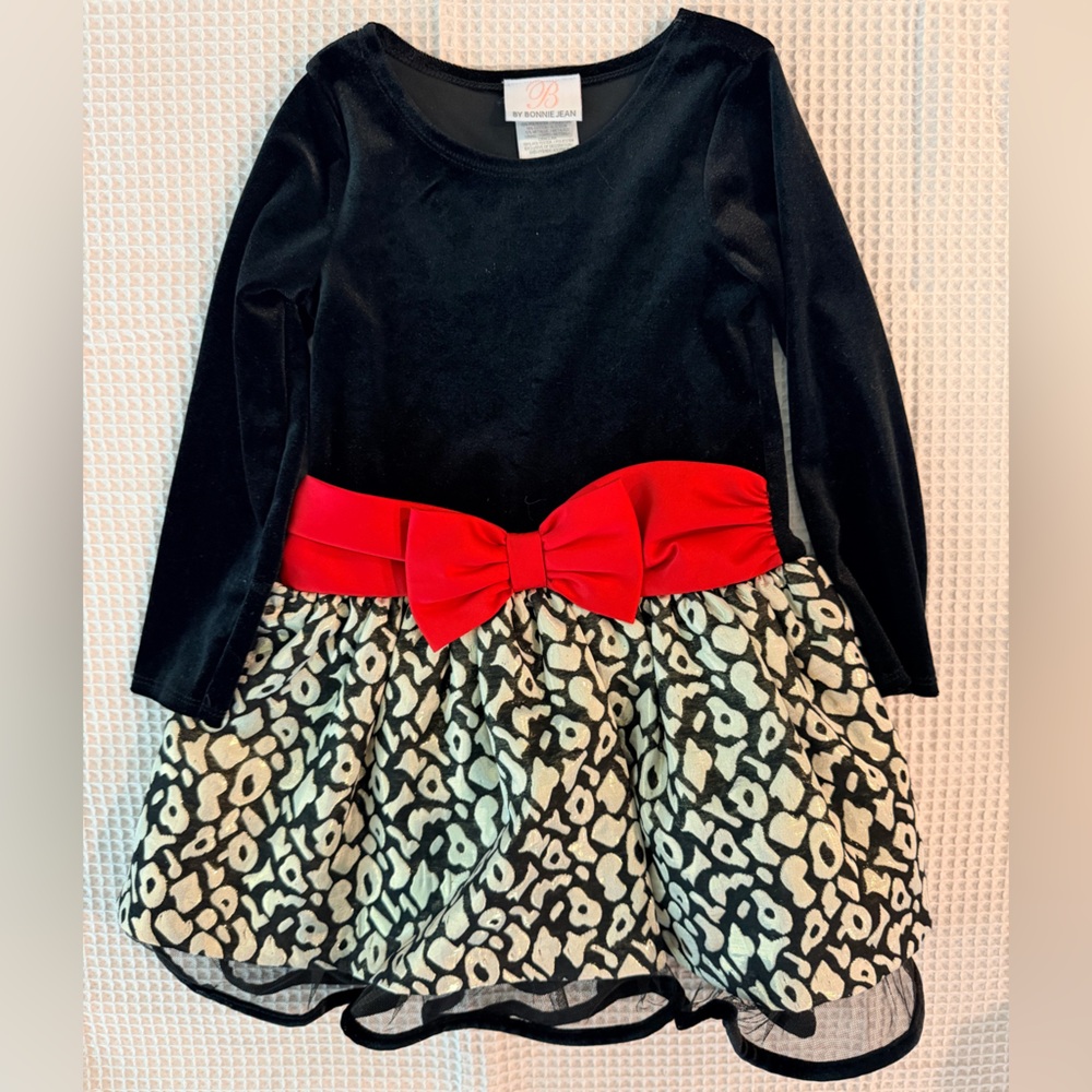 Bonnie Jean Black and Leopard Dress Red Bow